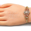 Oro Laminado Fancy Bracelet, Gold Filled Style San Judas and Dolphin Design, with White and Black Crystal, Polished, Tricolor, 03.380.0043.08 (04 MM Thickness, 8 Inches Length)