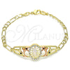 Oro Laminado Fancy Bracelet, Gold Filled Style San Judas and Dolphin Design, with White and Black Crystal, Polished, Tricolor, 03.380.0043.08 (04 MM Thickness, 8 Inches Length)