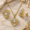 Oro Laminado Earring and Pendant Adult Set, Gold Filled Style Evil Eye and Heart Design, with White Cubic Zirconia, Polished, Golden Finish, 10.379.0023