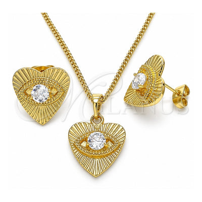 Oro Laminado Earring and Pendant Adult Set, Gold Filled Style Evil Eye and Heart Design, with White Cubic Zirconia, Polished, Golden Finish, 10.379.0023