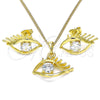 Oro Laminado Earring and Pendant Adult Set, Gold Filled Style Evil Eye Design, with White Cubic Zirconia, Polished, Golden Finish, 10.379.0024