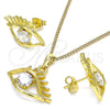 Oro Laminado Earring and Pendant Adult Set, Gold Filled Style Evil Eye Design, with White Cubic Zirconia, Polished, Golden Finish, 10.379.0024
