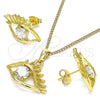 Oro Laminado Earring and Pendant Adult Set, Gold Filled Style Evil Eye Design, with White Cubic Zirconia, Polished, Golden Finish, 10.379.0024