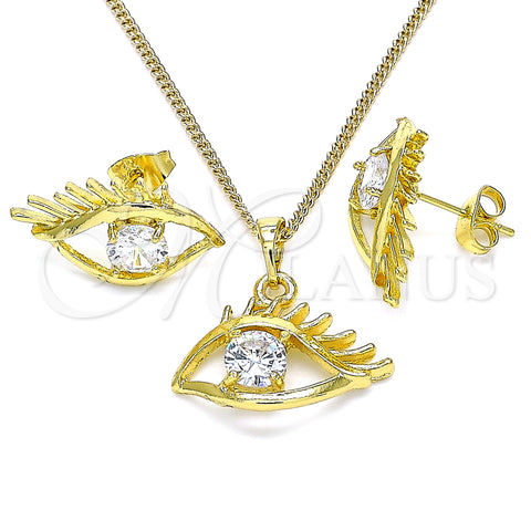 Oro Laminado Earring and Pendant Adult Set, Gold Filled Style Evil Eye Design, with White Cubic Zirconia, Polished, Golden Finish, 10.379.0024