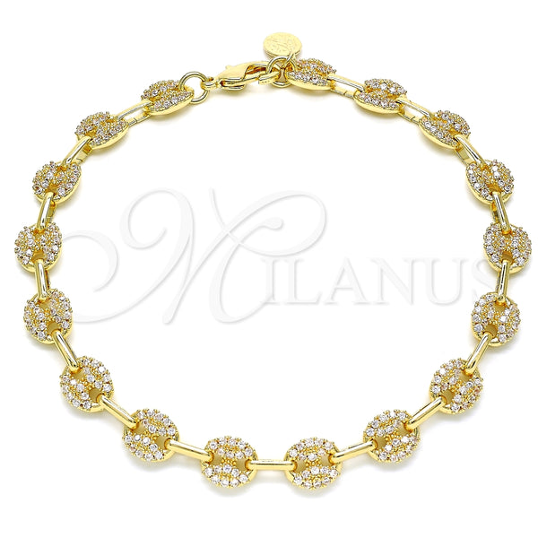 Oro Laminado Fancy Anklet, Gold Filled Style Puff Mariner Design, with White Micro Pave, Polished, Golden Finish, 04.63.1402.10 (08 MM Thickness, 10 Inches Length)