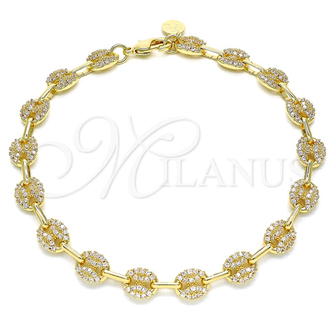 Oro Laminado Fancy Anklet, Gold Filled Style Puff Mariner Design, with White Micro Pave, Polished, Golden Finish, 04.63.1402.10 (08 MM Thickness, 10 Inches Length)
