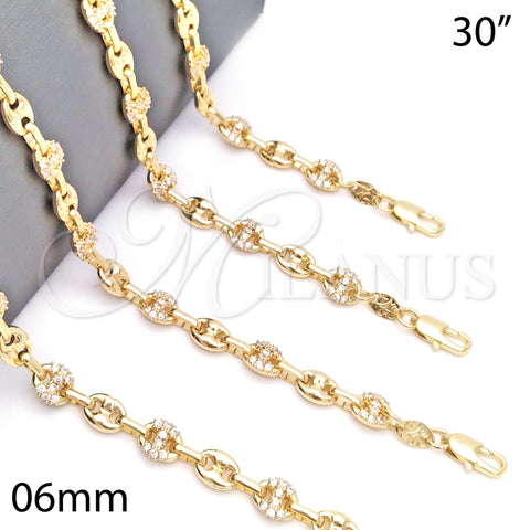 Oro Laminado Fancy Necklace, Gold Filled Style Puff Mariner Design, with White Micro Pave, Polished, Golden Finish, 04.63.1406.30 (06 MM Thickness, 30 Inches Length)