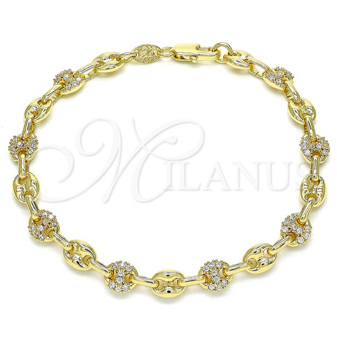 Oro Laminado Fancy Bracelet, Gold Filled Style Puff Mariner Design, with White Micro Pave, Polished, Golden Finish, 04.63.1406.08 (06 MM Thickness, 8 Inches Length)