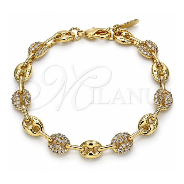 Oro Laminado Fancy Bracelet, Gold Filled Style Puff Mariner Design, with White Micro Pave, Polished, Golden Finish, 04.63.1407.08 (08 MM Thickness, 8 Inches Length)