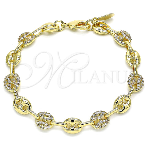 Oro Laminado Fancy Bracelet, Gold Filled Style Puff Mariner Design, with White Micro Pave, Polished, Golden Finish, 04.63.1407.08 (08 MM Thickness, 8 Inches Length)
