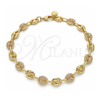Oro Laminado Fancy Anklet, Gold Filled Style Puff Mariner Design, with White Micro Pave, Polished, Golden Finish, 04.63.1407.10 (08 MM Thickness, 10 Inches Length)
