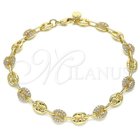 Oro Laminado Fancy Anklet, Gold Filled Style Puff Mariner Design, with White Micro Pave, Polished, Golden Finish, 04.63.1407.10 (08 MM Thickness, 10 Inches Length)