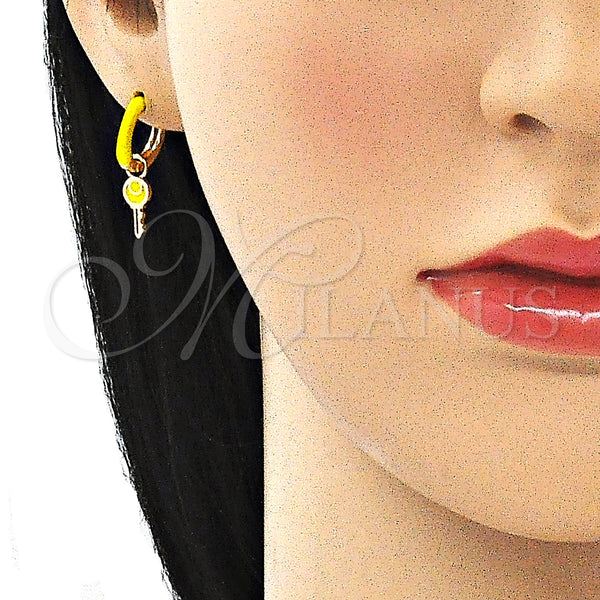 Gold Filled Hoop Earrings — Huggie Hoop key Design Yellow Enamel 02. — alternate product view — SKU 141078 | Oro Laminado aretes de aro — Huggie Hoop key diseño Yellow Enamel 02. — SKU 141078