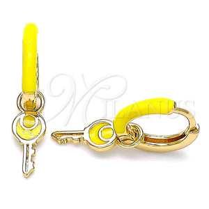 Gold Filled Hoop Earrings — Huggie Hoop key Design Yellow Enamel 02. — main product view — SKU 141078 | Oro Laminado aretes de aro — Huggie Hoop key diseño Yellow Enamel 02. — SKU 141078