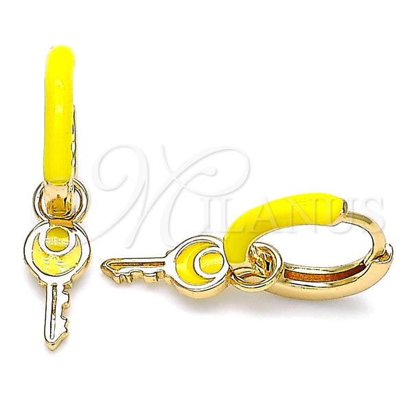 Gold Filled Hoop Earrings — Huggie Hoop key Design Yellow Enamel 02. — main product view — SKU 141078 | Oro Laminado aretes de aro — Huggie Hoop key diseño Yellow Enamel 02. — SKU 141078