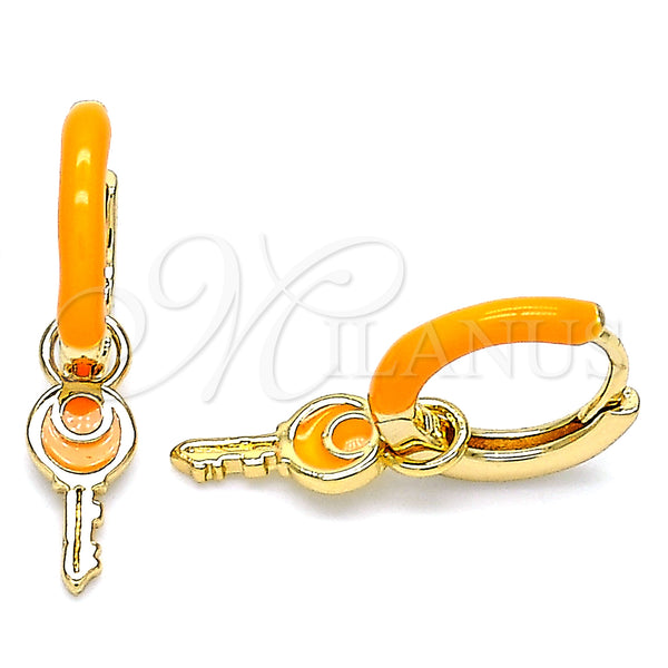 Gold Filled Hoop Earrings — Huggie Hoop key Design Orange Enamel 02. — main product view — SKU 141079 | Oro Laminado aretes de aro — Huggie Hoop key diseño Orange Enamel 02. — SKU 141079