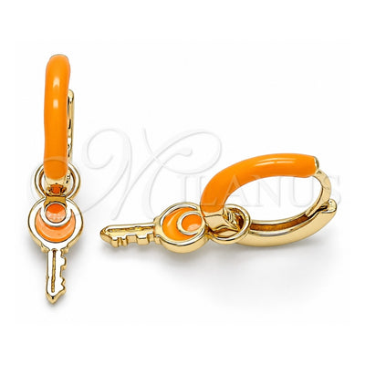 Oro Laminado Huggie Hoop, Gold Filled Style key Design, Orange Enamel Finish, Golden Finish, 02.213.0211.2.12