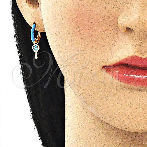 Gold Filled Hoop Earrings — Huggie Hoop key Design Turquoise Enamel 02. — alternate product view — SKU 141080 | Oro Laminado aretes de aro — Huggie Hoop key diseño Turquoise Enamel 02. — SKU 141080