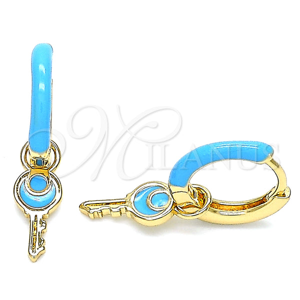 Gold Filled Hoop Earrings — Huggie Hoop key Design Turquoise Enamel 02. — main product view — SKU 141080 | Oro Laminado aretes de aro — Huggie Hoop key diseño Turquoise Enamel 02. — SKU 141080