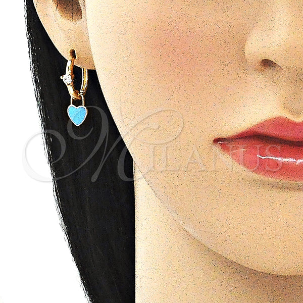 Gold Filled Hoop Earrings — Huggie Hoop Lock and Heart Design with White — alternate product view — SKU 141081 | Oro Laminado aretes de aro — Huggie Hoop Lock and corazón diseño with blanco — SKU 141081