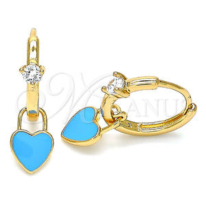 Gold Filled Hoop Earrings — Huggie Hoop Lock and Heart Design with White — main product view — SKU 141081 | Oro Laminado aretes de aro — Huggie Hoop Lock and corazón diseño with blanco — SKU 141081