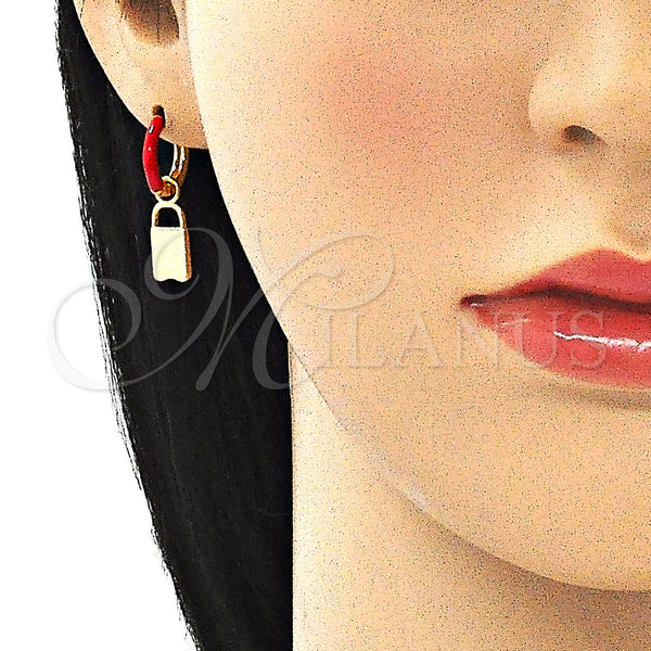 Gold Filled Hoop Earrings — Huggie Hoop Lock Design Red Enamel 02. — alternate product view — SKU 141083 | Oro Laminado aretes de aro — Huggie Hoop Lock diseño Red Enamel 02. — SKU 141083