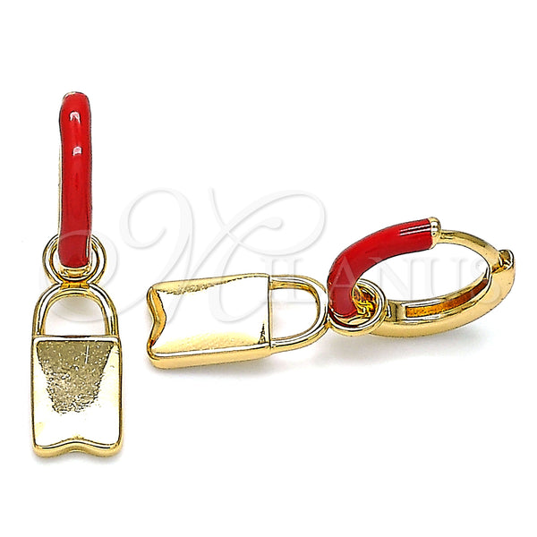 Gold Filled Hoop Earrings — Huggie Hoop Lock Design Red Enamel 02. — main product view — SKU 141083 | Oro Laminado aretes de aro — Huggie Hoop Lock diseño Red Enamel 02. — SKU 141083