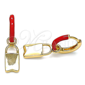 Gold Filled Hoop Earrings — Huggie Hoop Lock Design Red Enamel 02. — main product view — SKU 141083 | Oro Laminado aretes de aro — Huggie Hoop Lock diseño Red Enamel 02. — SKU 141083