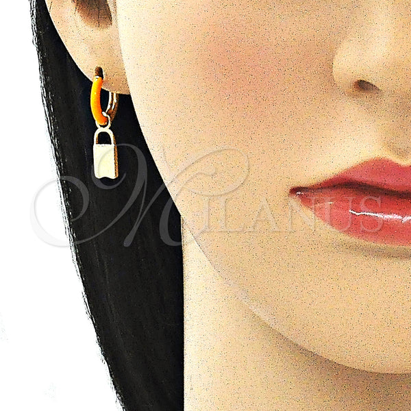 Gold Filled Hoop Earrings — Huggie Hoop Lock Design Orange Enamel 02. — alternate product view — SKU 141084 | Oro Laminado aretes de aro — Huggie Hoop Lock diseño Orange Enamel 02. — SKU 141084