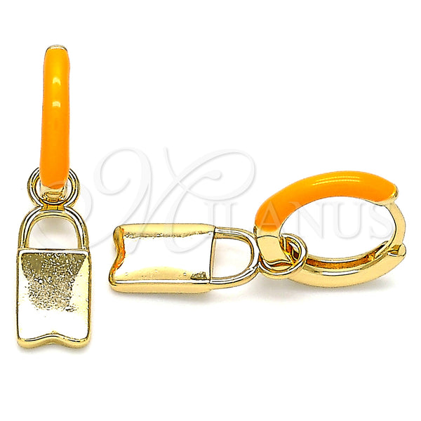 Gold Filled Hoop Earrings — Huggie Hoop Lock Design Orange Enamel 02. — main product view — SKU 141084 | Oro Laminado aretes de aro — Huggie Hoop Lock diseño Orange Enamel 02. — SKU 141084