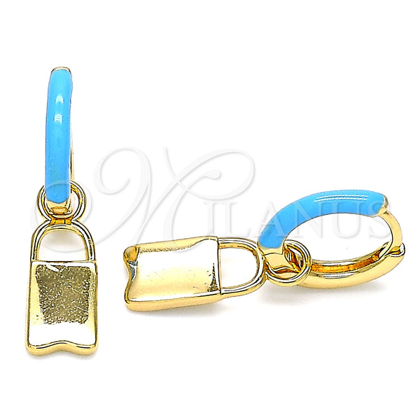 Gold Filled Hoop Earrings — Huggie Hoop Lock Design Turquoise Enamel 02. — main product view — SKU 141085 | Oro Laminado aretes de aro — Huggie Hoop Lock diseño Turquoise Enamel 02. — SKU 141085