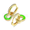 Oro Laminado Huggie Hoop, Gold Filled Style Purse Design, with White Micro Pave, Green Enamel Finish, Golden Finish, 02.213.0214.3.15