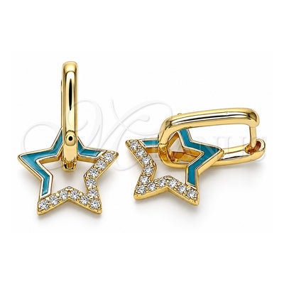 Oro Laminado Huggie Hoop, Gold Filled Style Star Design, with White Micro Pave, Turquoise Enamel Finish, Golden Finish, 02.213.0215.12
