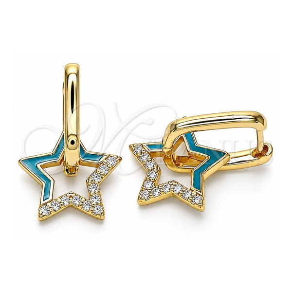 Oro Laminado Huggie Hoop, Gold Filled Style Star Design, with White Micro Pave, Turquoise Enamel Finish, Golden Finish, 02.213.0215.12