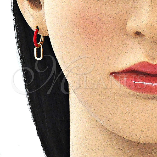 Gold Filled Hoop Earrings — Huggie Hoop Lock Design Red Enamel 02. — alternate product view — SKU 141092 | Oro Laminado aretes de aro — Huggie Hoop Lock diseño Red Enamel 02. — SKU 141092