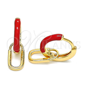 Gold Filled Hoop Earrings — Huggie Hoop Lock Design Red Enamel 02. — main product view — SKU 141092 | Oro Laminado aretes de aro — Huggie Hoop Lock diseño Red Enamel 02. — SKU 141092
