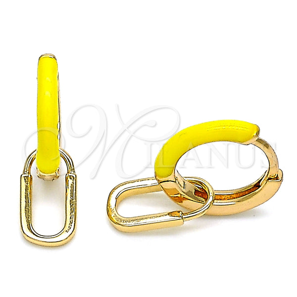 Gold Filled Hoop Earrings — Huggie Hoop Lock Design Yellow Enamel 02. — main product view — SKU 141093 | Oro Laminado aretes de aro — Huggie Hoop Lock diseño Yellow Enamel 02. — SKU 141093