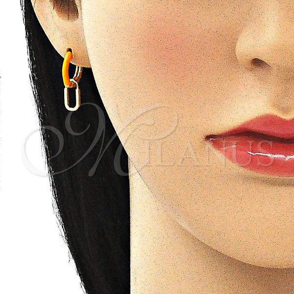 Gold Filled Hoop Earrings — Huggie Hoop Lock Design Orange Enamel 02. — alternate product view — SKU 141094 | Oro Laminado aretes de aro — Huggie Hoop Lock diseño Orange Enamel 02. — SKU 141094