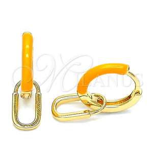 Gold Filled Hoop Earrings — Huggie Hoop Lock Design Orange Enamel 02. — main product view — SKU 141094 | Oro Laminado aretes de aro — Huggie Hoop Lock diseño Orange Enamel 02. — SKU 141094