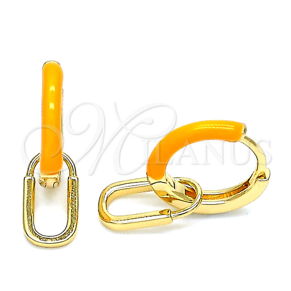 Gold Filled Hoop Earrings — Huggie Hoop Lock Design Orange Enamel 02. — main product view — SKU 141094 | Oro Laminado aretes de aro — Huggie Hoop Lock diseño Orange Enamel 02. — SKU 141094