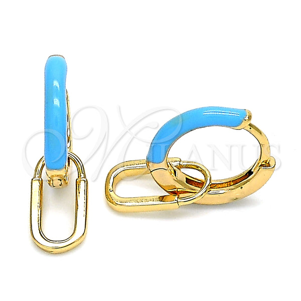 Gold Filled Hoop Earrings — Huggie Hoop Lock Design Turquoise Enamel 02. — main product view — SKU 141095 | Oro Laminado aretes de aro — Huggie Hoop Lock diseño Turquoise Enamel 02. — SKU 141095