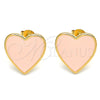 Oro Laminado Stud Earring, Gold Filled Style Heart Design, Pink Enamel Finish, Golden Finish, 02.213.0218