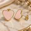 Oro Laminado Stud Earring, Gold Filled Style Heart Design, Pink Enamel Finish, Golden Finish, 02.213.0218