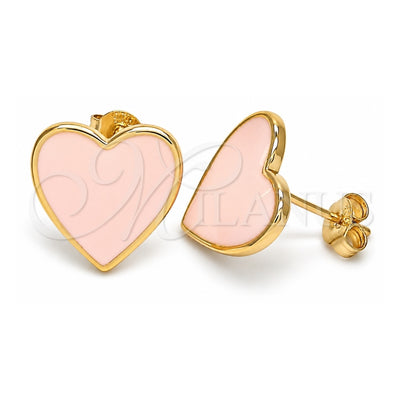 Oro Laminado Stud Earring, Gold Filled Style Heart Design, Pink Enamel Finish, Golden Finish, 02.213.0218
