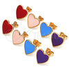 Oro Laminado Stud Earring, Gold Filled Style Heart Design, Pink Enamel Finish, Golden Finish, 02.213.0218