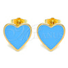Oro Laminado Stud Earring, Gold Filled Style Heart Design, Blue Enamel Finish, Golden Finish, 02.213.0218.1