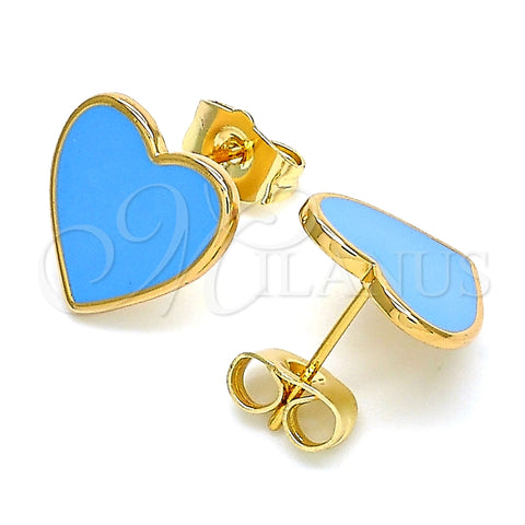 Oro Laminado Stud Earring, Gold Filled Style Heart Design, Blue Enamel Finish, Golden Finish, 02.213.0218.1