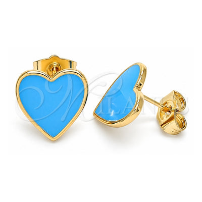 Oro Laminado Stud Earring, Gold Filled Style Heart Design, Blue Enamel Finish, Golden Finish, 02.213.0218.1