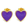 Oro Laminado Stud Earring, Gold Filled Style Heart Design, Purple Enamel Finish, Golden Finish, 02.213.0218.3