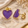 Oro Laminado Stud Earring, Gold Filled Style Heart Design, Purple Enamel Finish, Golden Finish, 02.213.0218.3